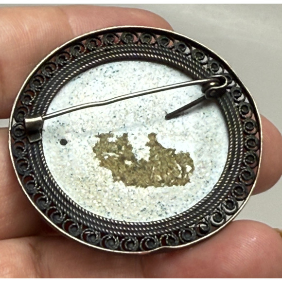 Vintage Russian Rostov Finift Hand Painted Maiden by The River 2" Enamel Brooch - Picture 2 of 5